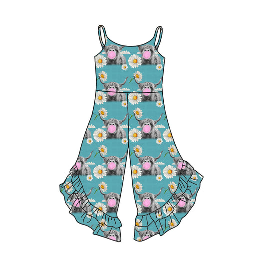(Pre-order)SR2833 Highland Cow Flowers Print Girls Summer Jumpsuits