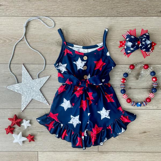 (Pre-order)SR2836 Stars Navy Print Girls 4th of July Jumpsuits