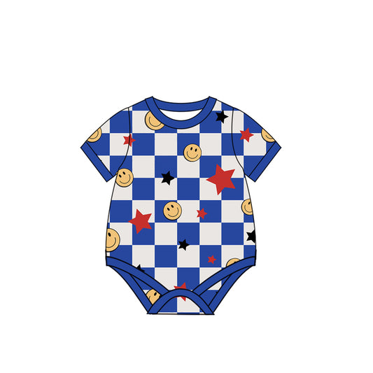 (Pre-order)SR2844  Stars Blue Plaid Print Baby Boys 4th of July Romper