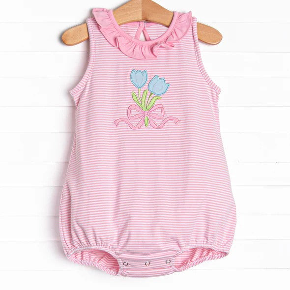 (Pre-order)SR2855  Flowers Pink Stripes Print Baby Girls Summer Romper