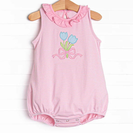 (Pre-order)SR2855  Flowers Pink Stripes Print Baby Girls Summer Romper