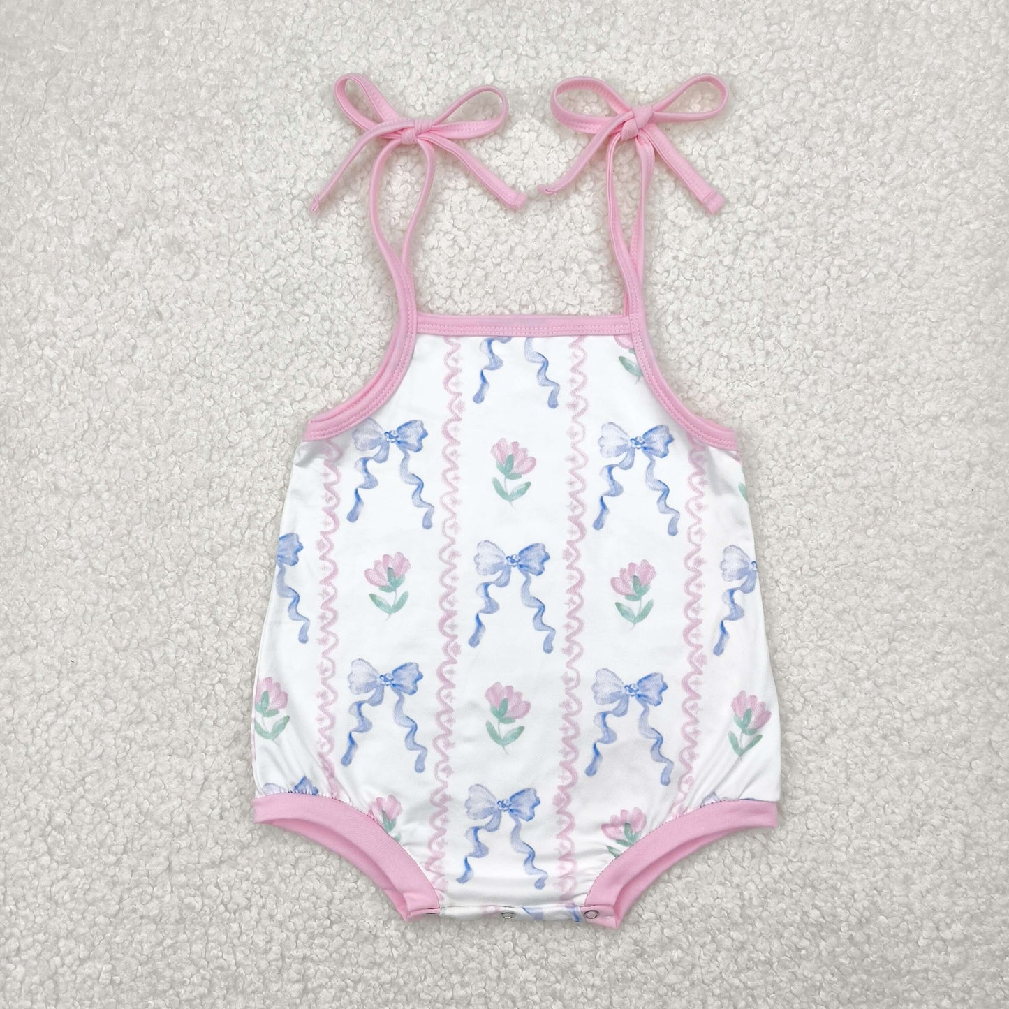 SR2858  Flowers Bows Print Baby Girls Summer Strap Romper