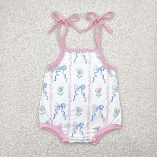 SR2858  Flowers Bows Print Baby Girls Summer Strap Romper