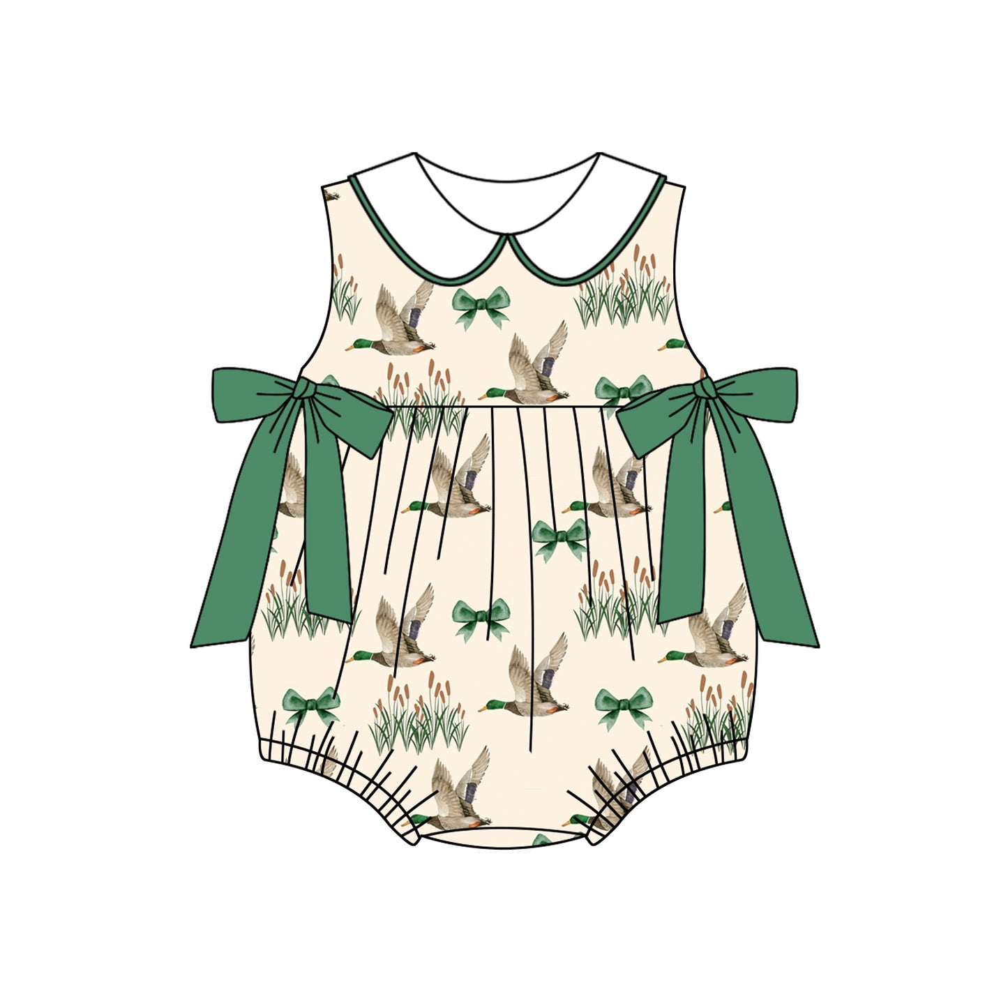 (Pre-order)SR2861  Duck Green Bows Print Baby Girls Summer Romper