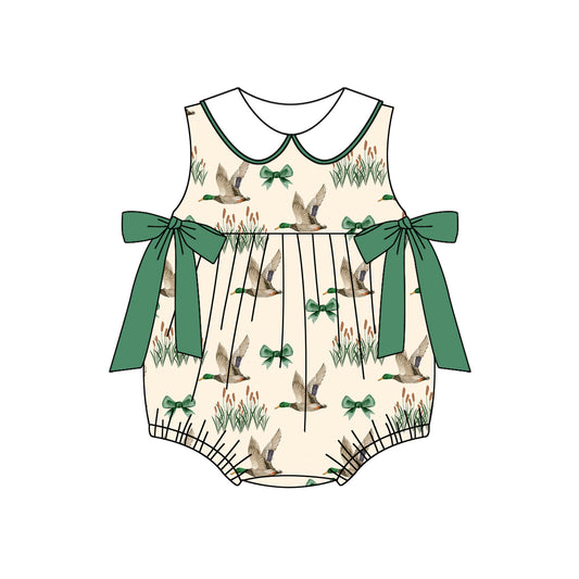 (Pre-order)SR2861  Duck Green Bows Print Baby Girls Summer Romper