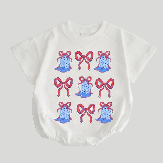 (Pre-order)SR2866  Boots Bows Print Baby Girls Summer Romper