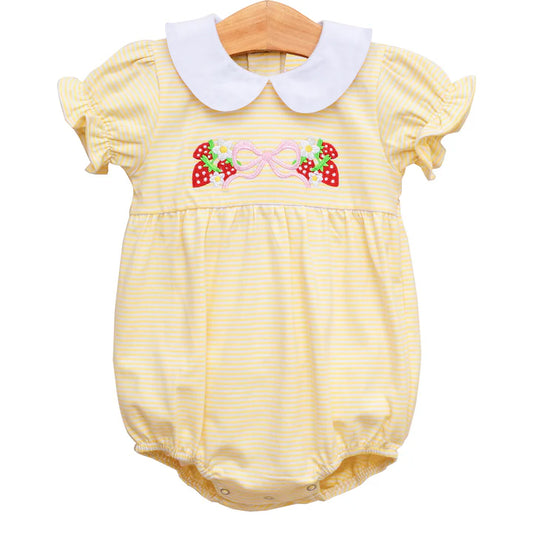 (Pre-order)SR2867  Strawberry Bows Yellow Print Baby Girls Summer Romper