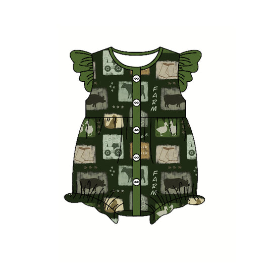 (Pre-order)SR2873  Farm Animals Green Print Baby Girls Summer Romper