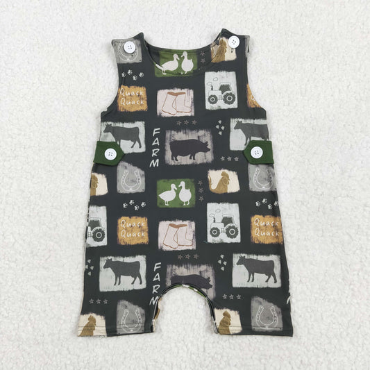 SR2874  Farm Animals Green Print Baby Boys Summer Romper
