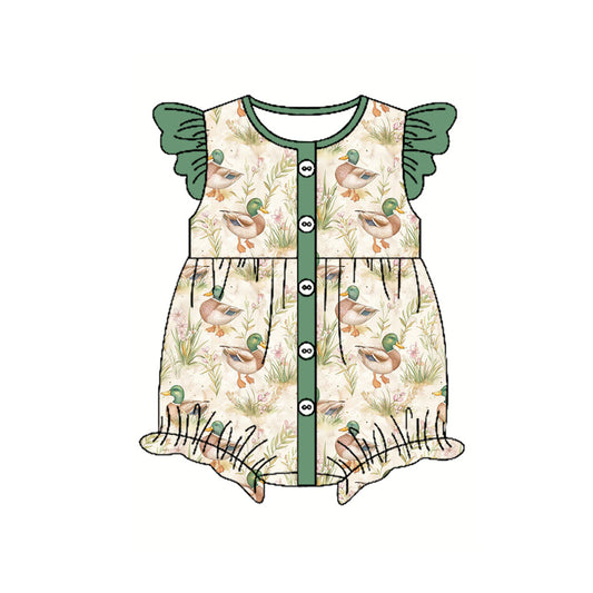 (Pre-order)SR2875  Duck Green Print Baby Girls Summer Romper