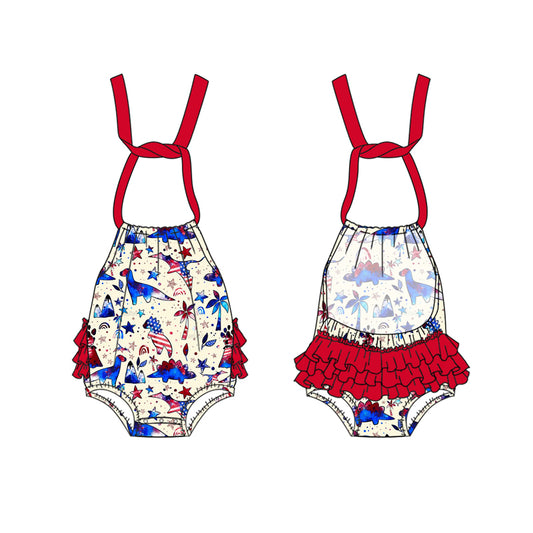 (Pre-order)SR2876  Dino Stars Print Baby Girls 4th of July Bubble Romper