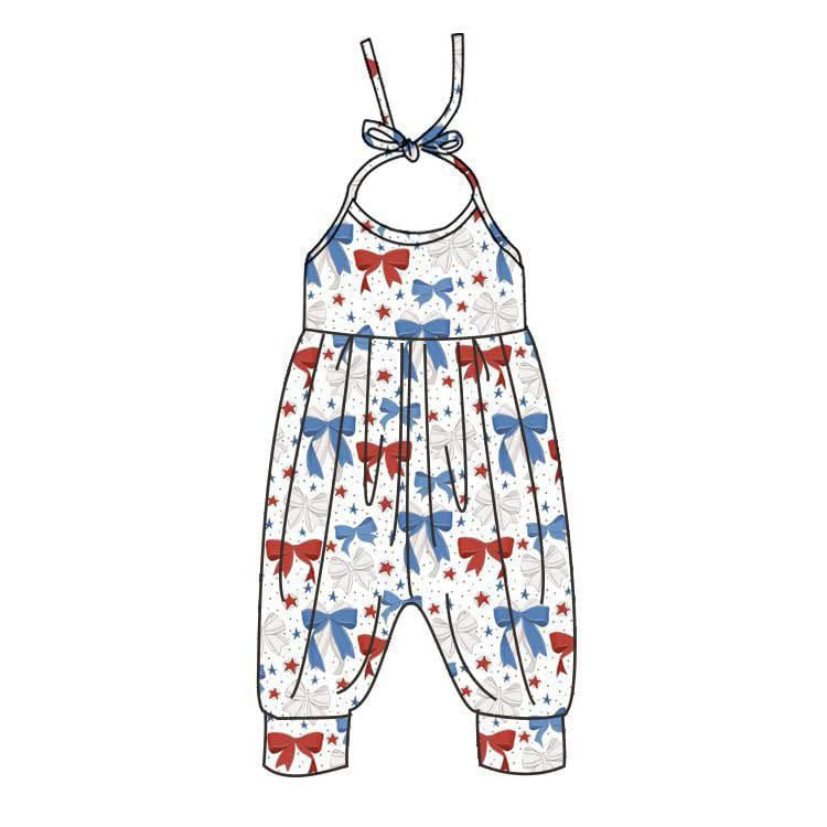 (Pre-order)SR2889 Red Blue Baseball Bows Print Girls Summer Jumpsuits