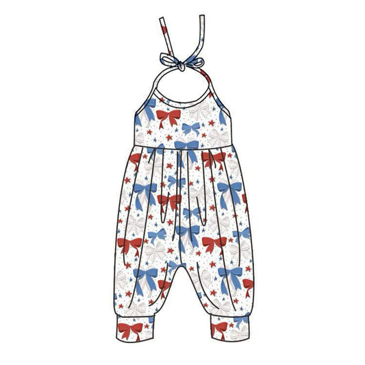 (Pre-order)SR2889 Red Blue Baseball Bows Print Girls Summer Jumpsuits