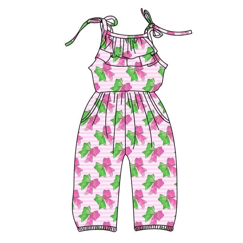 (Pre-order)SR2890 Green Pink Bows Print Girls Summer Jumpsuits