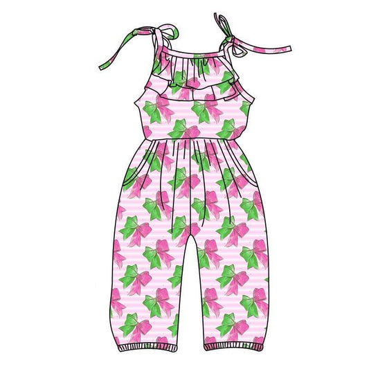 (Pre-order)SR2890 Green Pink Bows Print Girls Summer Jumpsuits