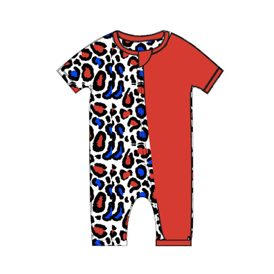(Pre-order)SR2905  Red Blue Leopard Print Baby 4th of July Romper