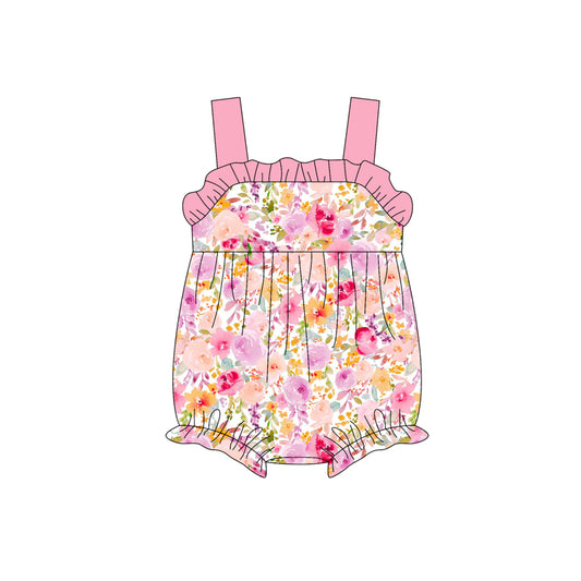 (Pre-order)SR2912  Pink Flowers Print Baby Girls Summer Romper