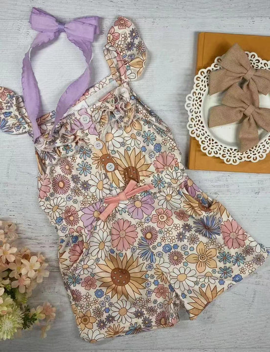 (Pre-order)SR2914 Colorful Flowers Print Girls Summer Jumpsuits