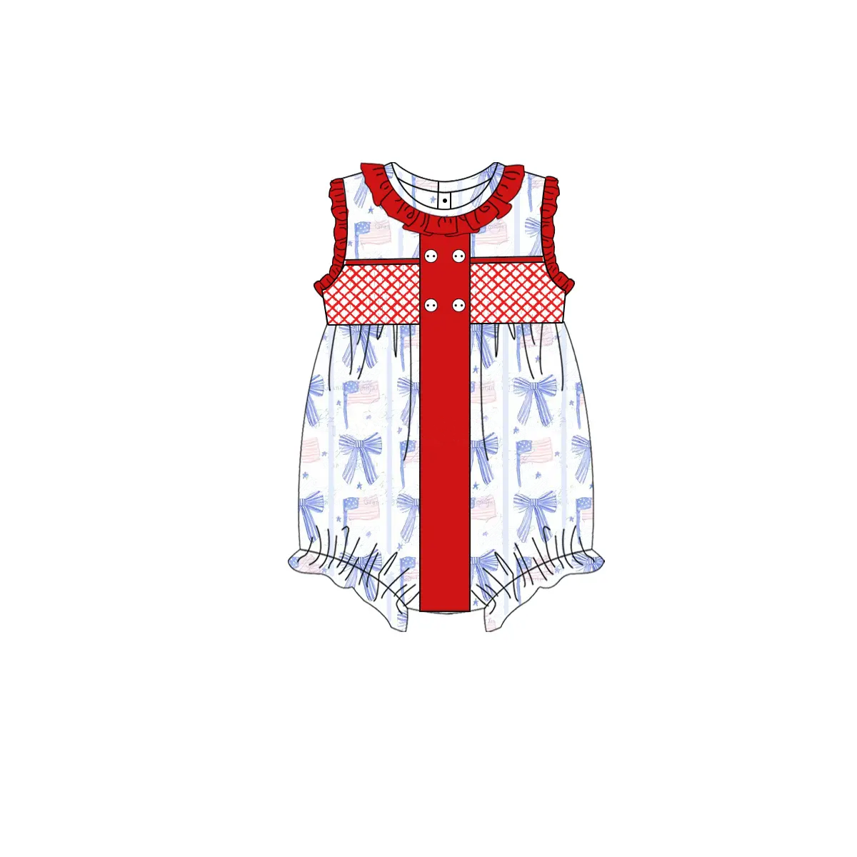 (Pre-order)SR2920  Flag Bows Blue Print Baby Girls 4th of July Romper