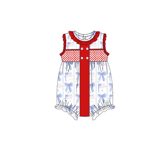 (Pre-order)SR2920  Flag Bows Blue Print Baby Girls 4th of July Romper
