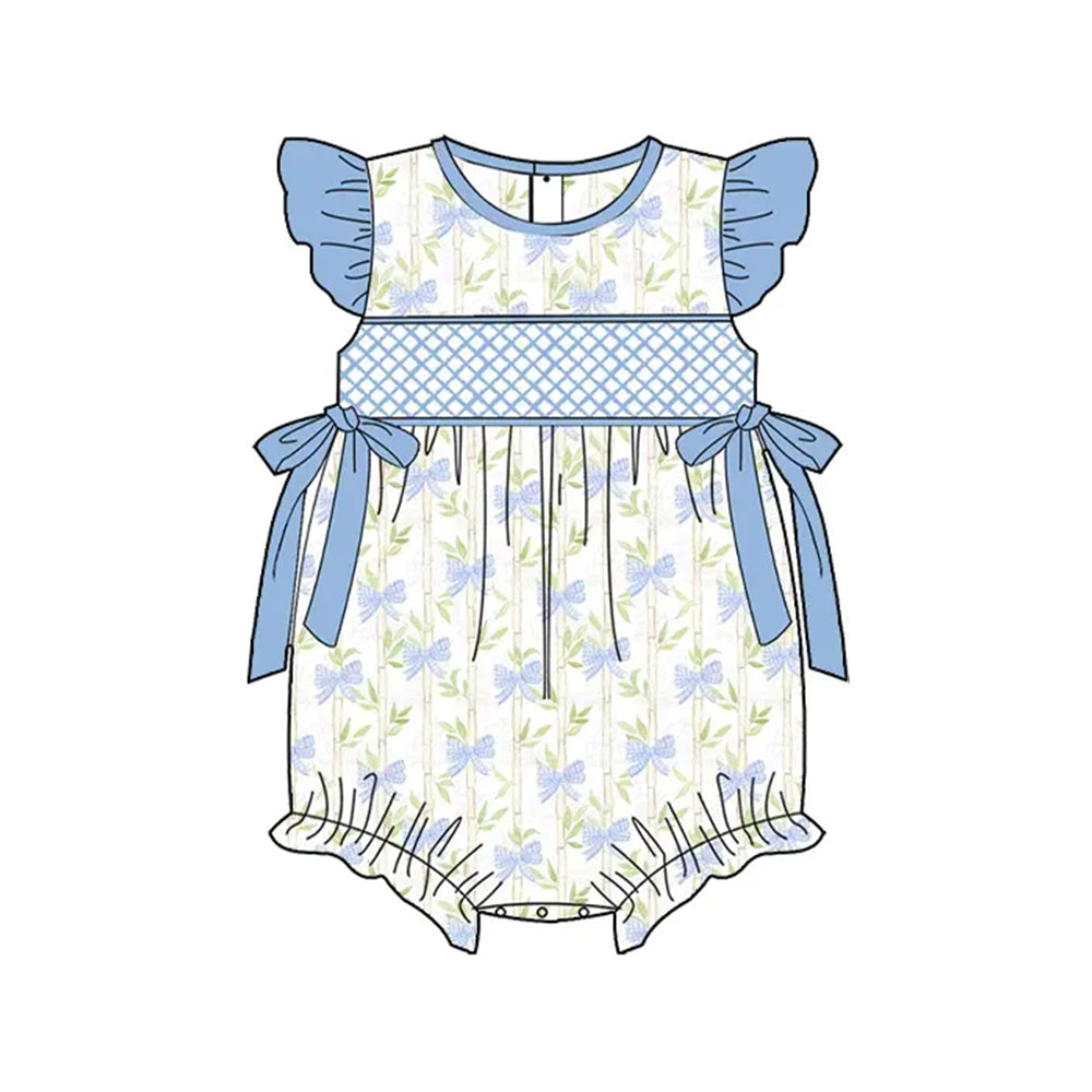 (Pre-order)SR2924  Leaf Blue Bows Print Baby Girls Summer Romper