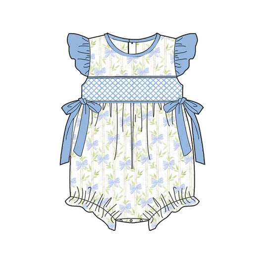 (Pre-order)SR2924  Leaf Blue Bows Print Baby Girls Summer Romper