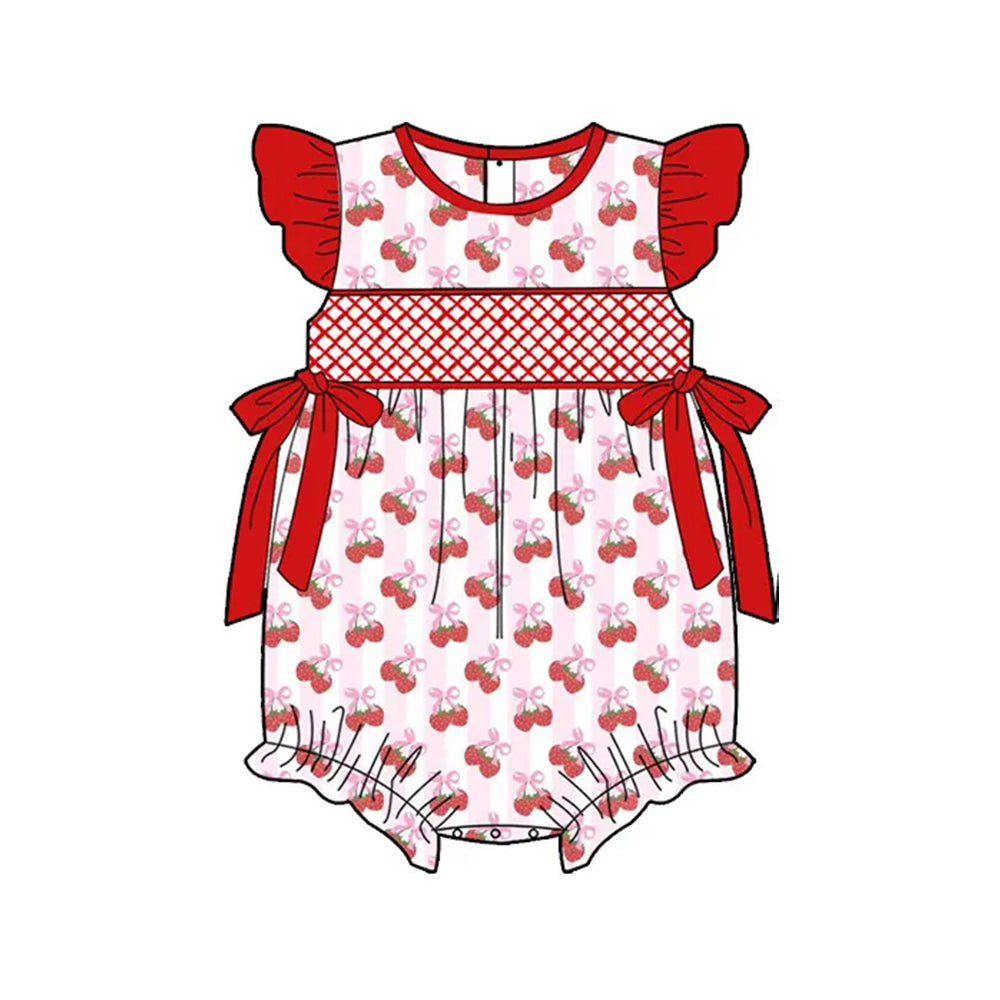 (Pre-order)SR2927  Strawberry Bows Print Baby Girls Summer Romper