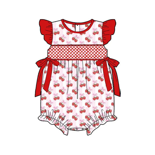 (Pre-order)SR2927  Strawberry Bows Print Baby Girls Summer Romper