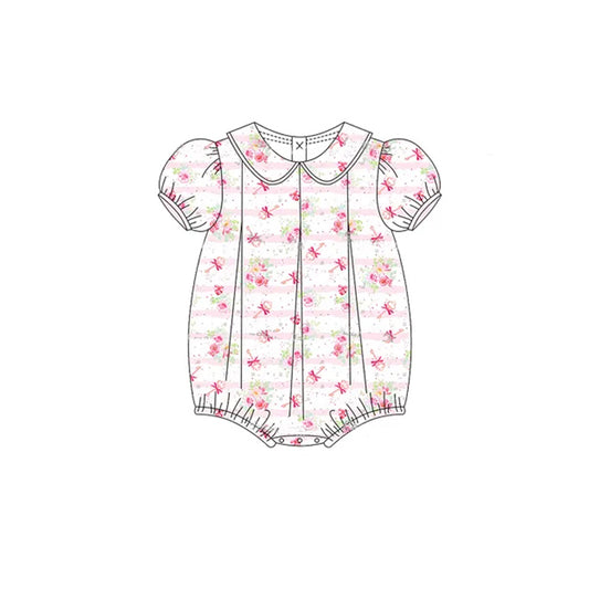 (Pre-order)SR2929 Pink Flowers Key Bows Print Baby Girls Summer Romper