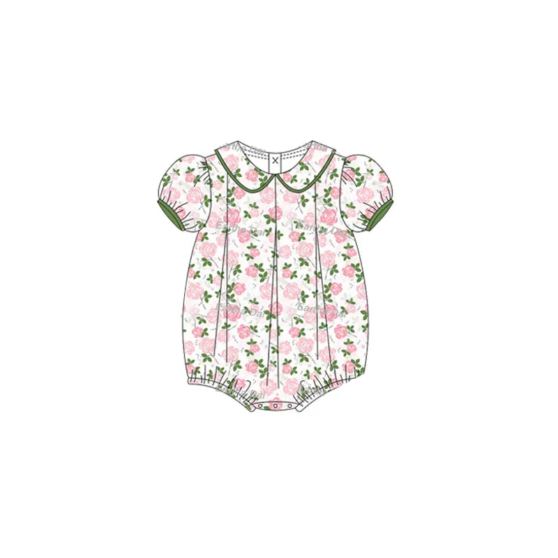 (Pre-order)SR2930 Pink Flowers Leaf Print Baby Girls Summer Romper
