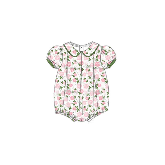 (Pre-order)SR2930 Pink Flowers Leaf Print Baby Girls Summer Romper