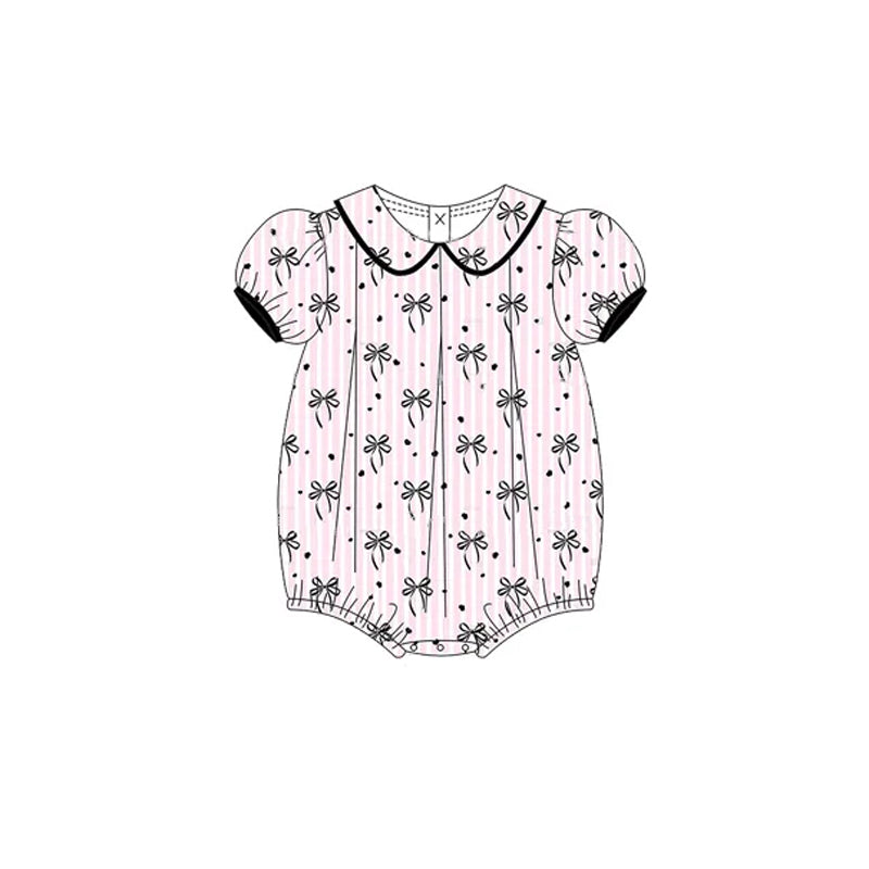 (Pre-order)SR2932 Black Bows Pink Stripes Print Baby Girls Summer Romper