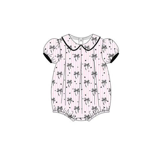 (Pre-order)SR2932 Black Bows Pink Stripes Print Baby Girls Summer Romper