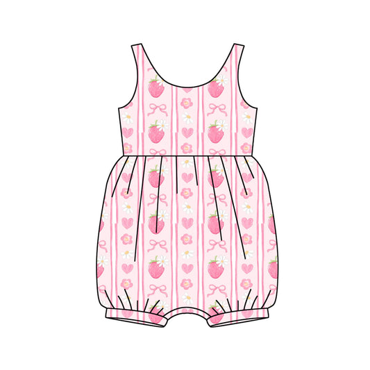(Pre-order)SR2934  Strawberry Flowers Bows Pink Print Baby Girls Summer Romper