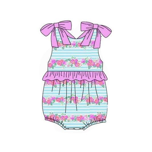 (Pre-order)SR2939 Flowers Stripes Print Baby Girls Summer Romper
