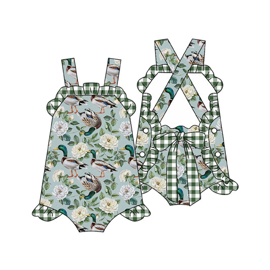(Pre-order)SR2940 Duck Flowers Plaid Print Baby Girls Summer Romper