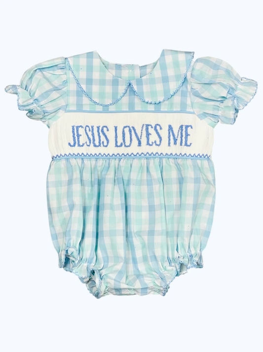 (Pre-order)SR2942 JESUS LOVES ME Plaid Print Baby Girls Summer Romper