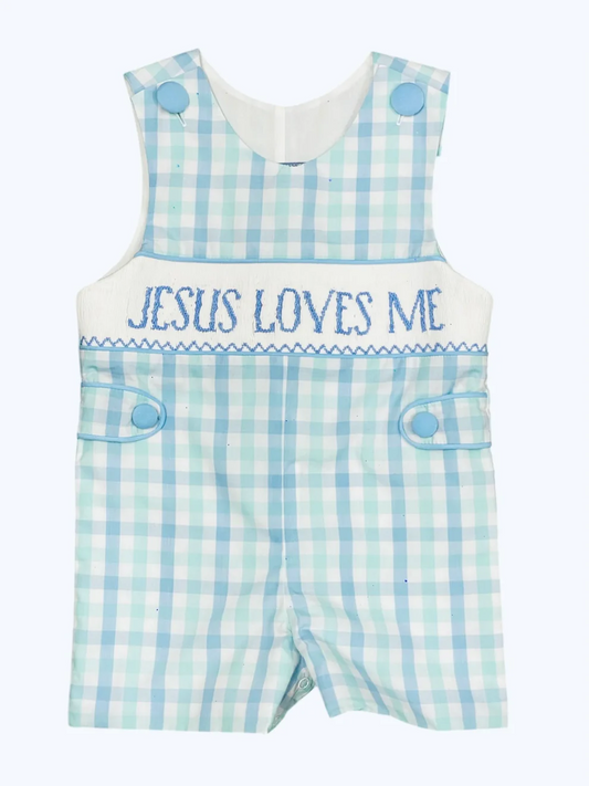 (Pre-order)SR2943 JESUS LOVES ME Plaid Print Baby Boys Summer Romper