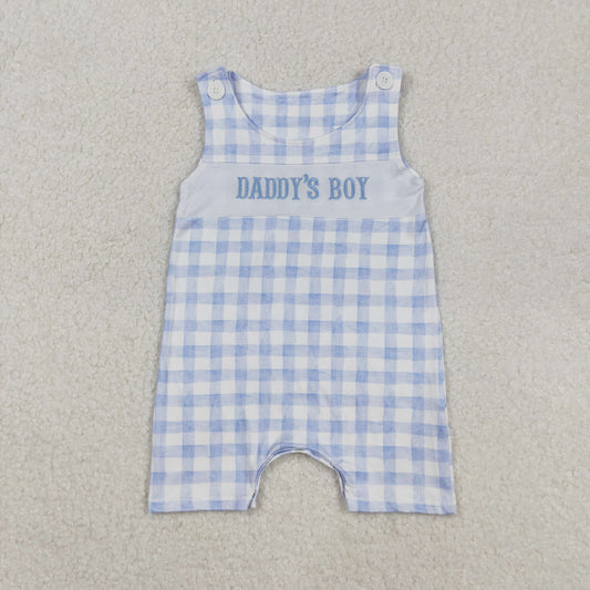 SR2945 DADDY'S BOY Embroidery Blue Plaid Print Baby Boys Summer Romper