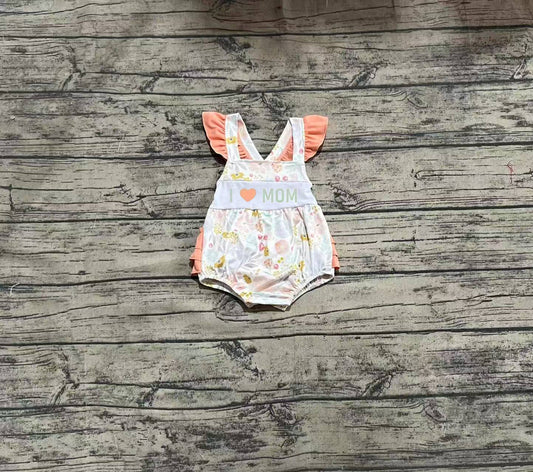 (Pre-order)SR2948 I LOVE MOM Orange Flowers Print Baby Girls Summer Romper