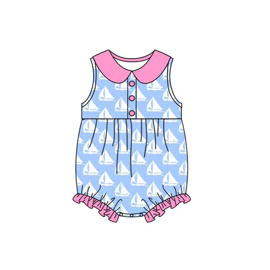(Pre-order)SR2951 Sailboat Blue Print Baby Girls Summer Romper