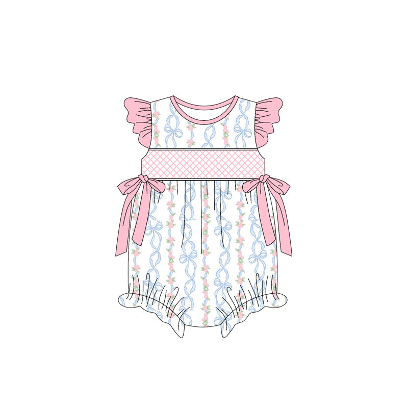 (Pre-order)SR2952 Small Flowers Bows Print Baby Girls Summer Romper