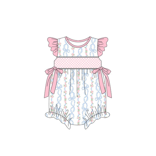 (Pre-order)SR2952 Small Flowers Bows Print Baby Girls Summer Romper