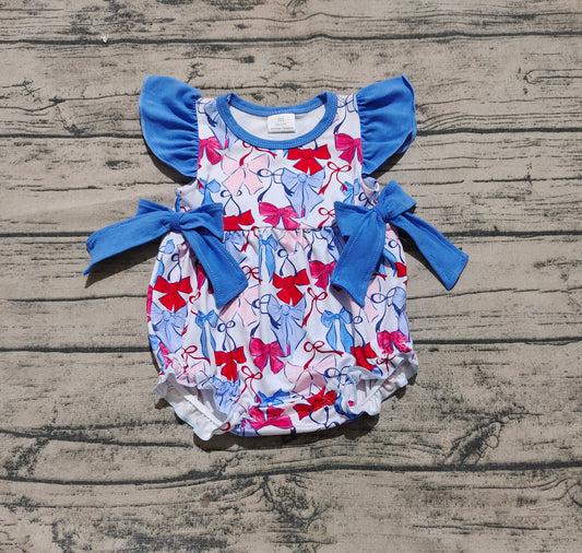 (Pre-order)SR2954 Red Blue Bows Print Baby Girls 4th of July Romper