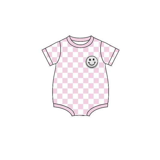 (Pre-order)SR2959 Smiling Face Pink Plaid Print Baby Girls Summer Romper