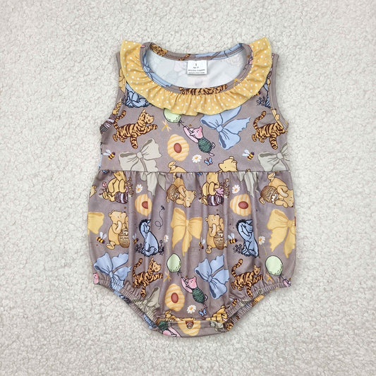 SR2963 Cartoon Bear Bee Bows Print Baby Girls Summer Romper