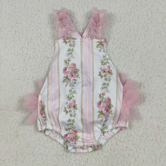 SR2964  Flowers Stripes Print Baby Girls Summer Tulle Bubble Romper