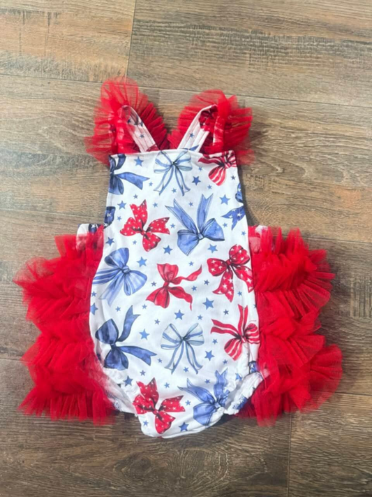 (Pre-order)SR2965  Red Blue Bows Print Baby Girls 4th of July Tulle Bubble Romper