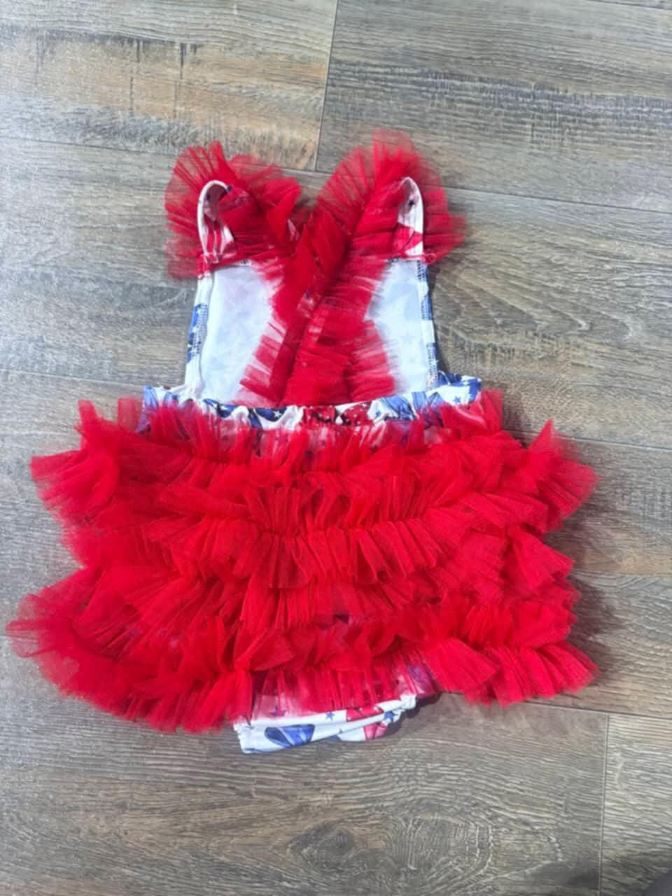 (Pre-order)SR2965  Red Blue Bows Print Baby Girls 4th of July Tulle Bubble Romper