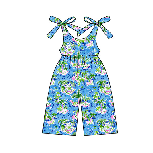 (Pre-order)SR2968 Coconut Tree Blue Print Girls Summer Jumpsuits